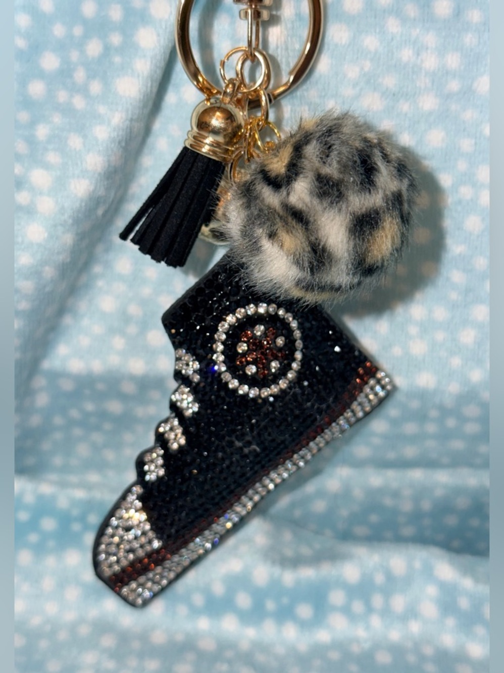 Crystal-Embellished Black Sneaker Keychain with Faux Fur Pom
